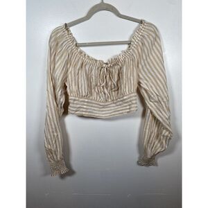 Aerie Cream and White‎ Striped Long Sleeve Off the Shoulder Dressy Blouse Top M
